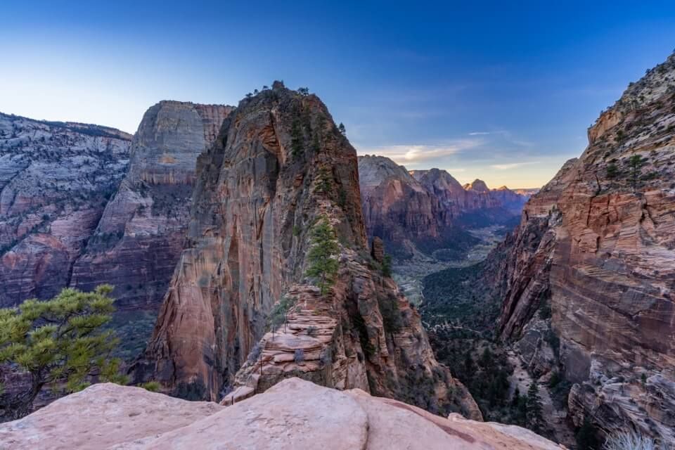 Spectacular view over Angels Landing at sunrise staying at zion lodge or springdale best hotels gives you the best chance of making this summit at sunrise