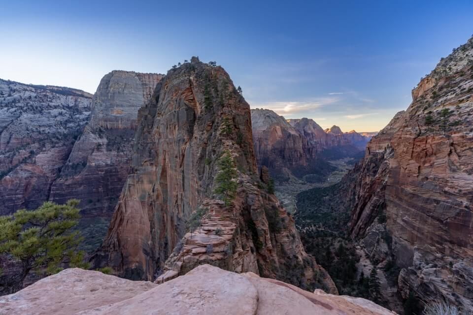 Angels Landing at sunrise in december on a cold winter morning at dawn stunning landscape and amazing photo