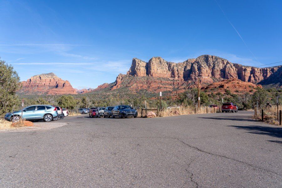 Parking lot for Bell Rock Courthouse Butte Loop Hike on highway 179 in Sedona Arizona North trailhead