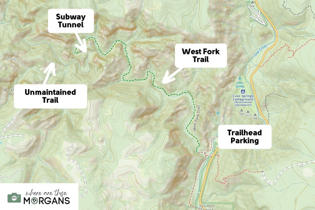 Map of the West Fork Trail hike in Sedona AZ with parking lot and trail markings