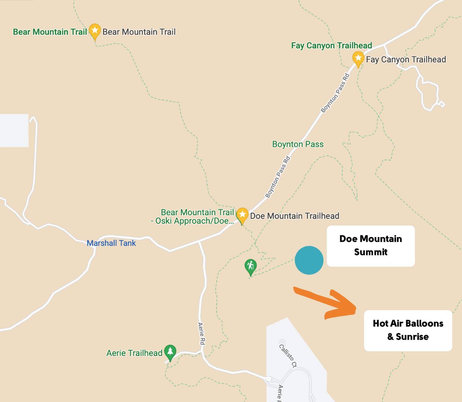 Map of the Doe Mountain hike in Sedona showing direction of sunrise and hot air balloons