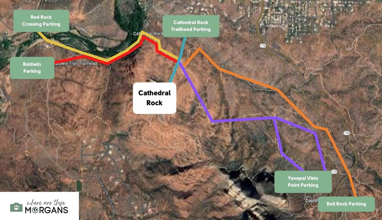 Map of parking options for hiking Cathedral Rock in Sedona