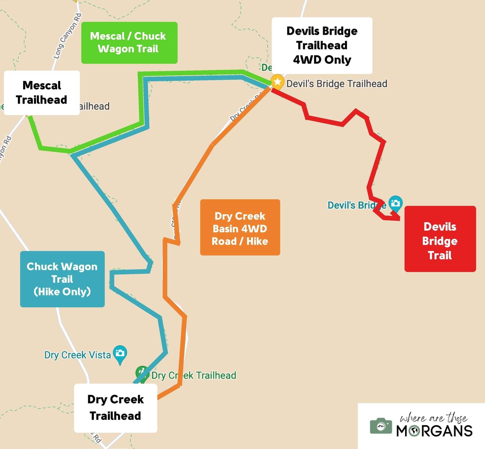Map showing parking and trails options for the Devils Bridge hike in Sedona