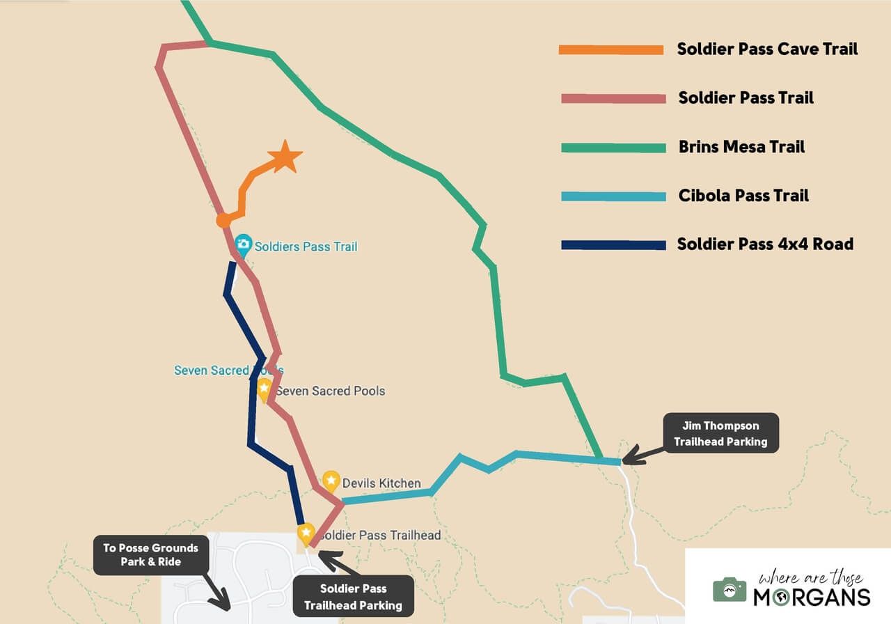 Map showing how to hike Sedona Solider Pass Trail with parking and trail options