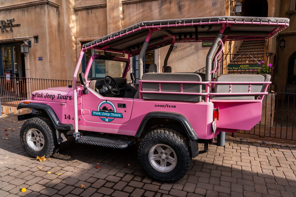 A pink jeep parked in Sedona