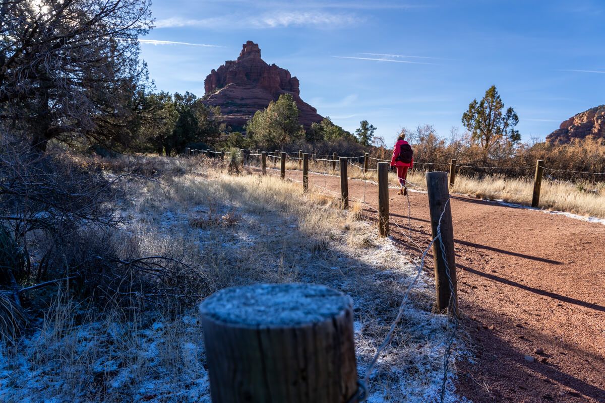 Where Are Those Morgans hiking Bell Rock on a frosty morning after light snow in Sedona Arizona in December with Winter weather conditions cold mornings but warm sunny days