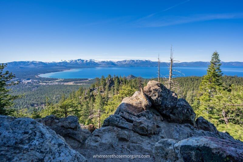 Photo of Lake Tahoe from a rocky summit on a clear day