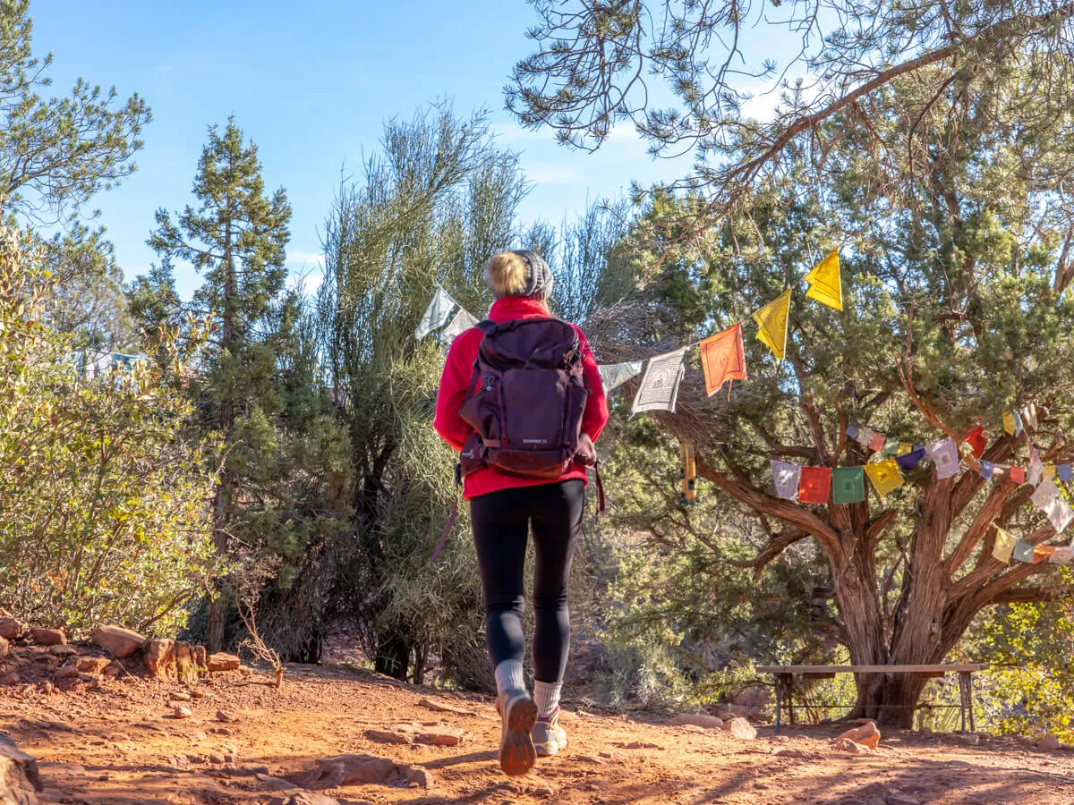 Where Are Those Morgans hiking through Amitabha Stupa Peace Park on a cold but sunny day in December during a one week Sedona itinerary visit to northern Arizona