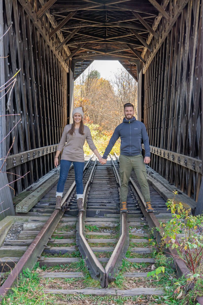 Where Are Those Morgans holding hands inside a railroad covered bridge in Vermont