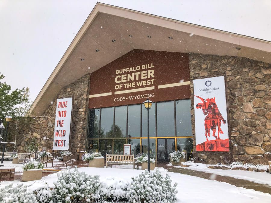 Buffalo Bill Center of the West Museum on a snowy day in Cody near east entrance to Yellowstone popular place to visit in Wyoming
