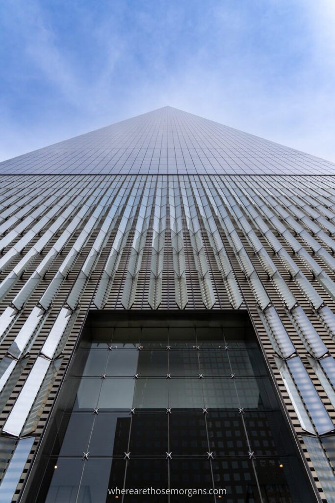 Perspective photo of One World Trade Center from the street looking up