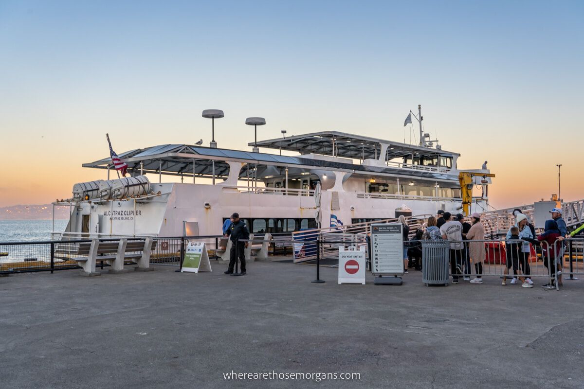 Alcatraz Cruise ferry run by City Experiences docked during a night tour