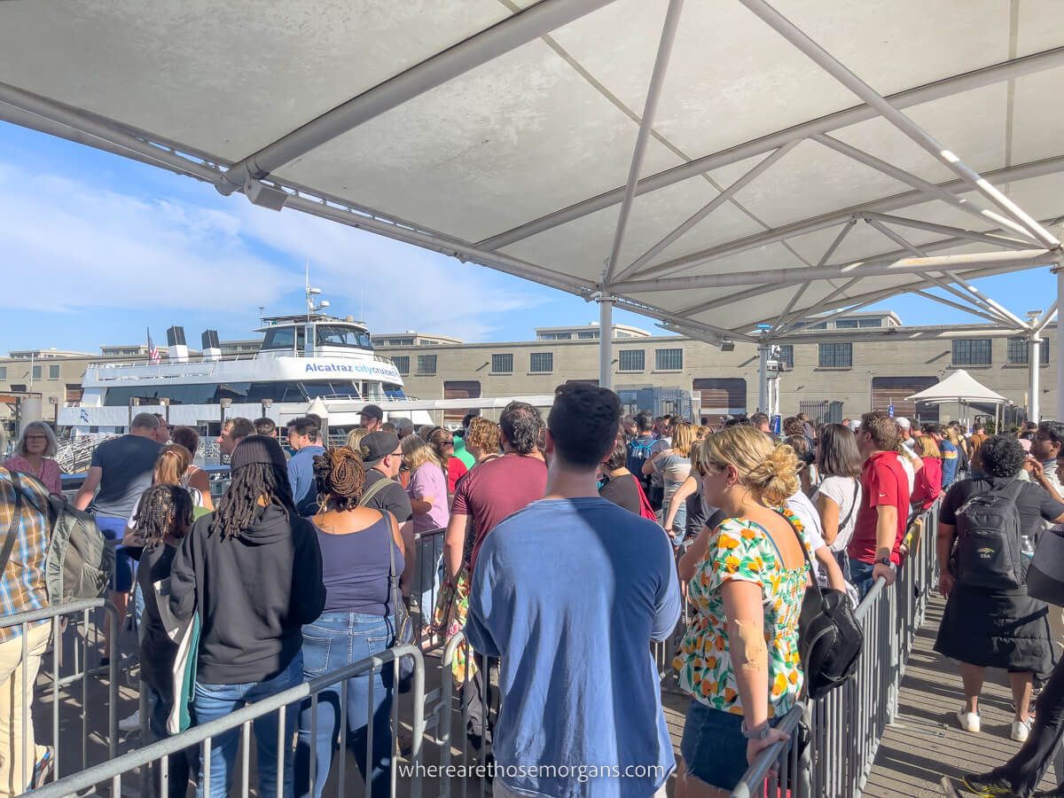 Large crowd waiting for a day tour to Alcatraz Island