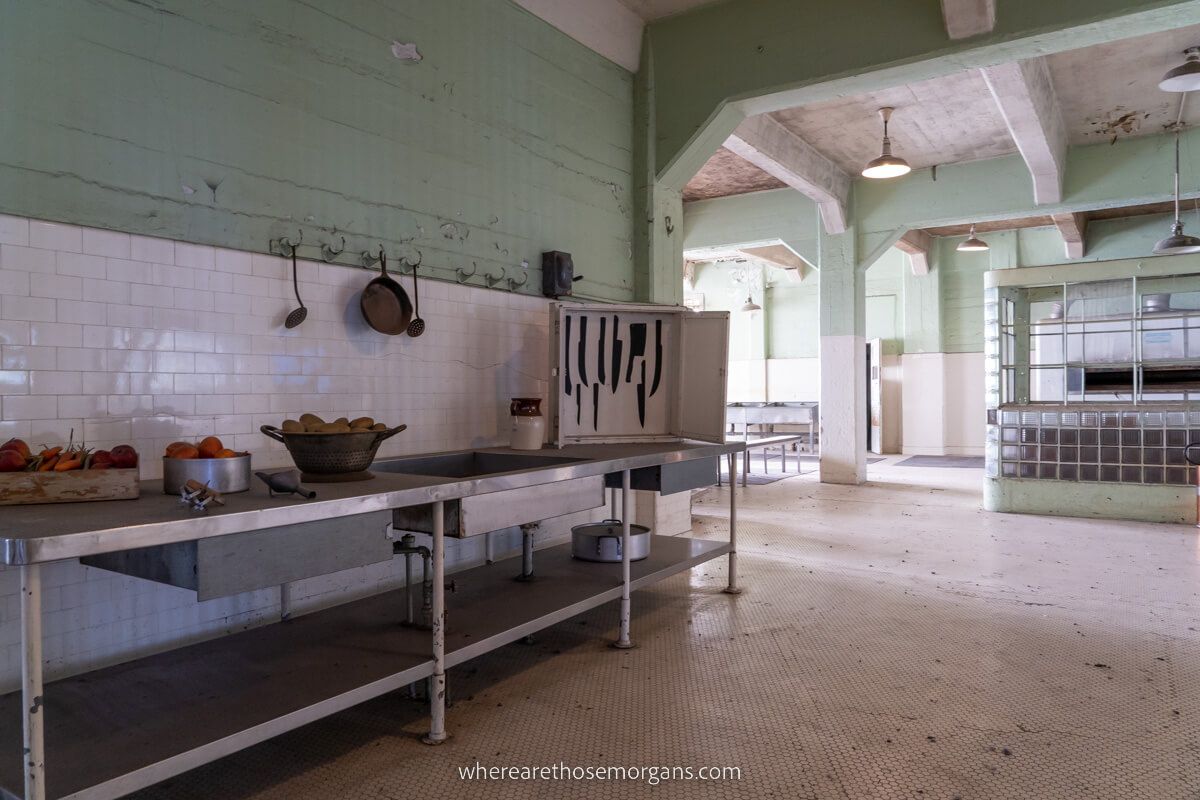 Kitchen and mess area in Alcatraz dining hall as seen during a day tour