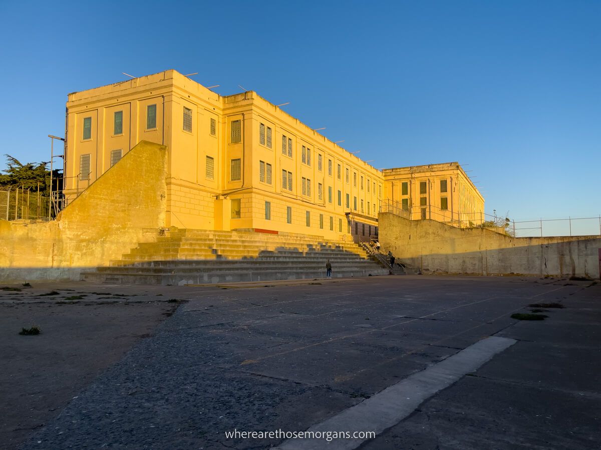 Old prison Recreation Yard lit up in the sunlight in San Francisco Bay