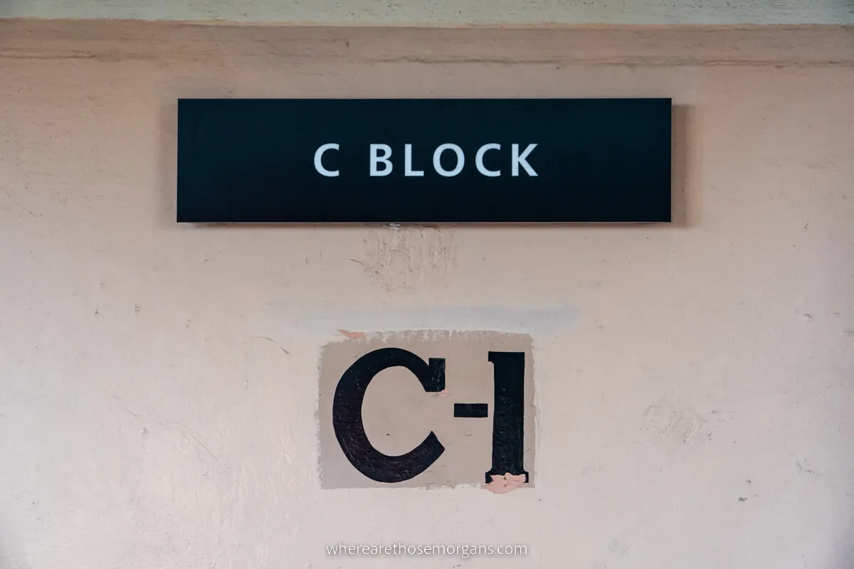 C block sign on a prison wall