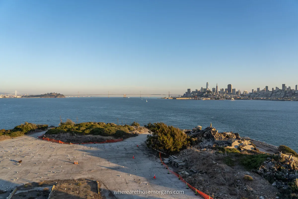 Ruins of old buildings on Alcatraz Island with San Francisco in the background