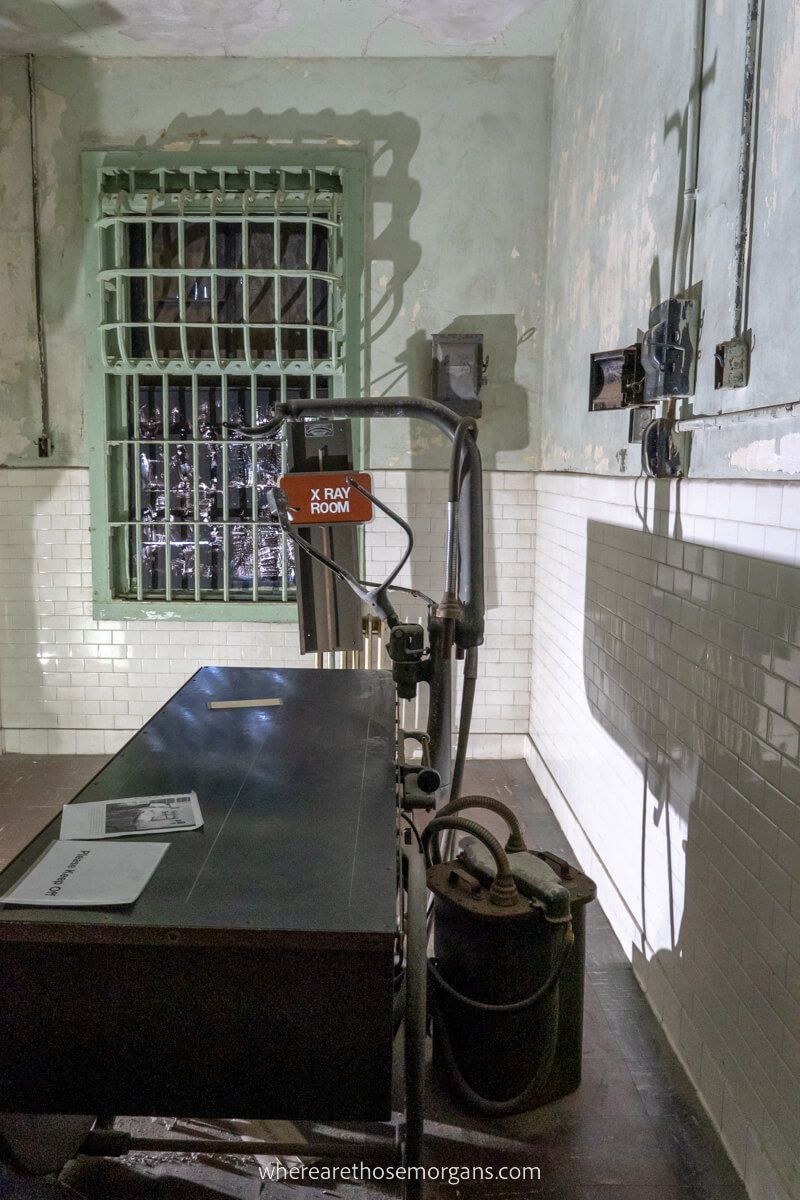 Old x-ray room in Alcatraz hospital with minimal lighting