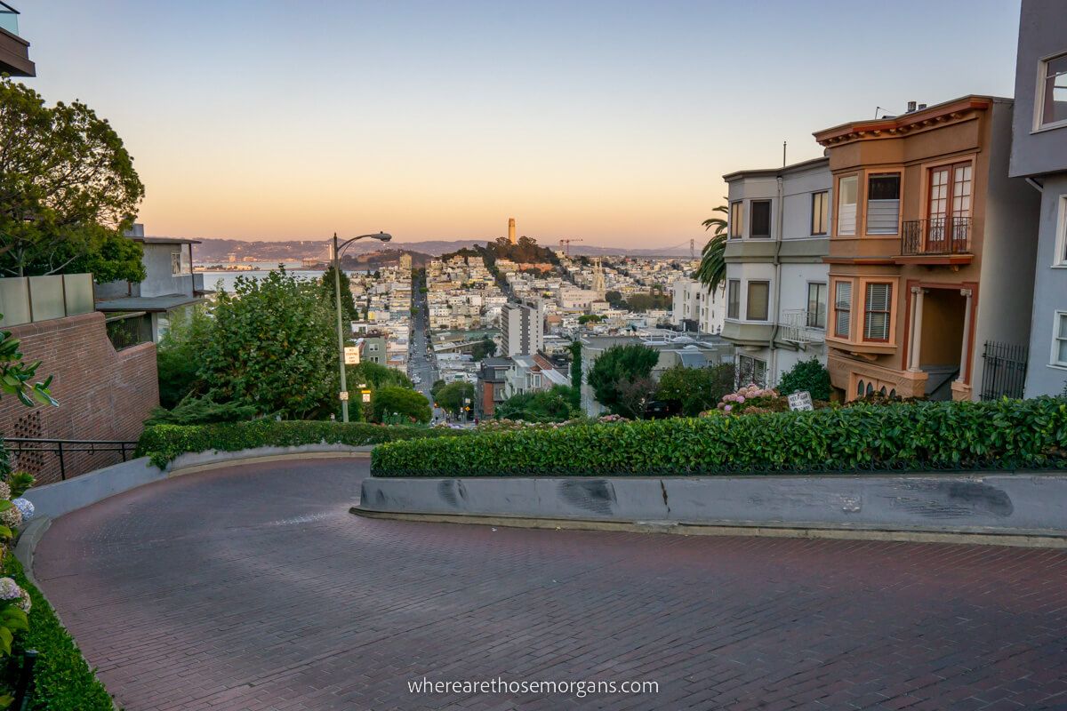 Lombard Street in San Francisco is one of the most popular free things to do and a top instagram spot twisting road leading down a steep hill through residential area