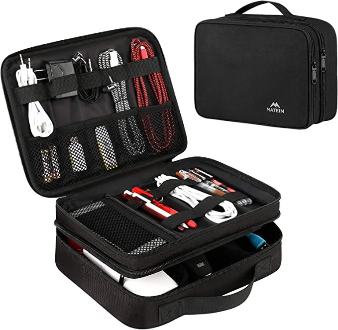 Black electronic organizer for travel to hold cables and chargers