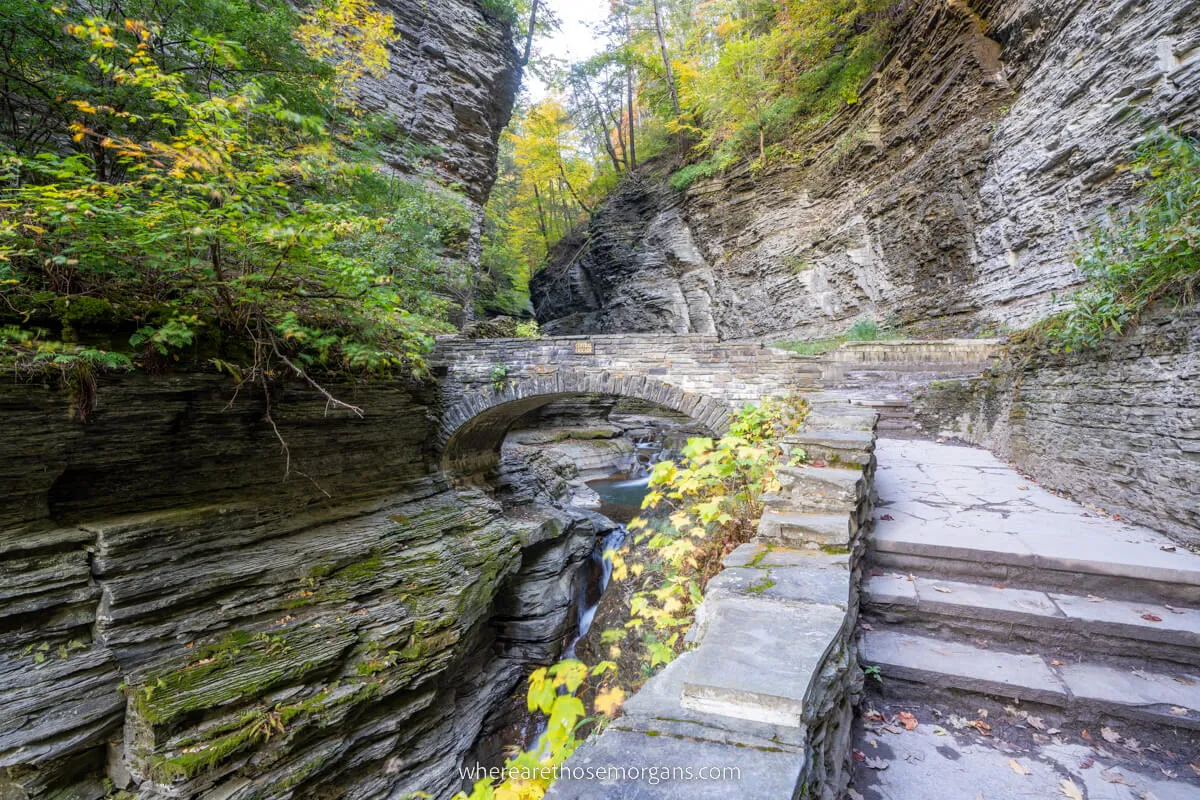 Central Cascade in Watkins Glen Gorge stone bridge crossing Glen Creek