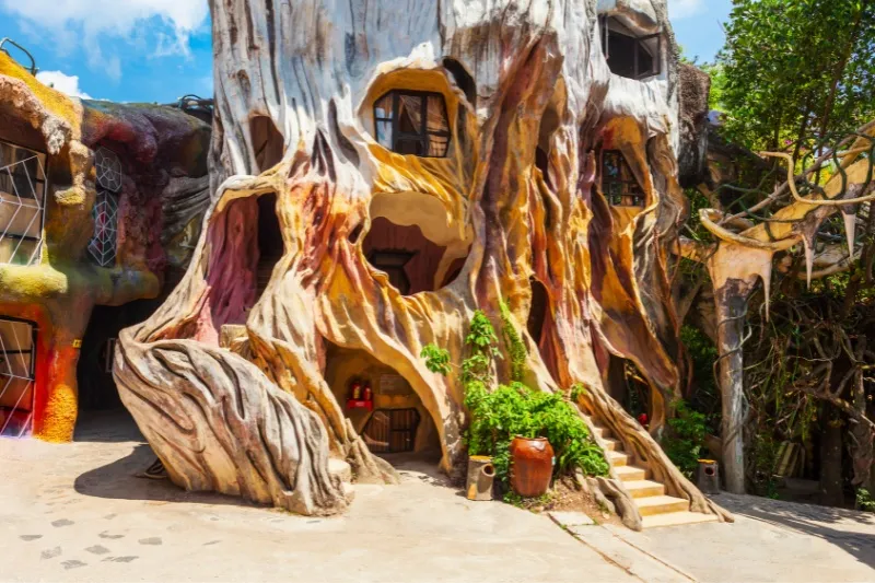 Entrance to the Crazy House in Dalat with doors and stairs