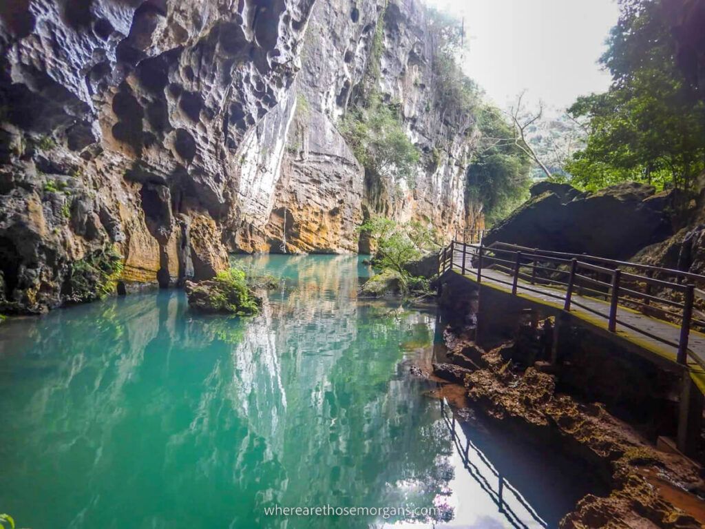 Entrance to the Dark Cave in Phong Nha, Vietnam with boardwalk leading inside