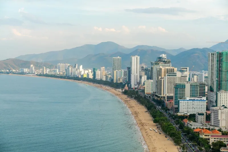 Numerous hotels along a beautiful stretch of Nha Trang beach