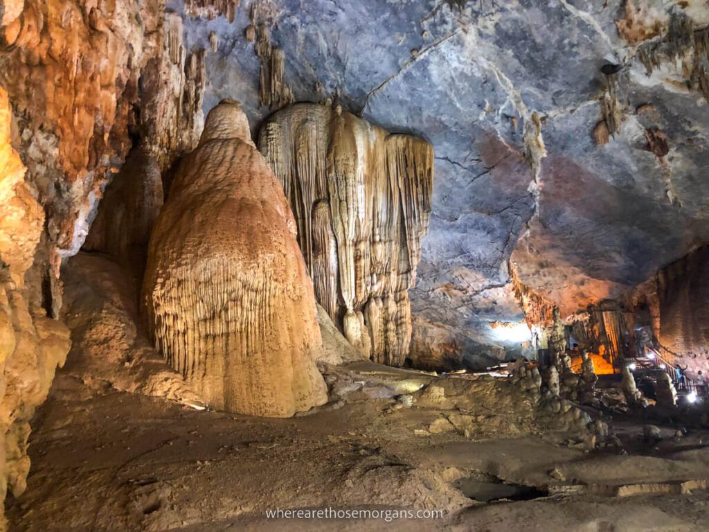 Stalactites lit up inside Paradise Cave