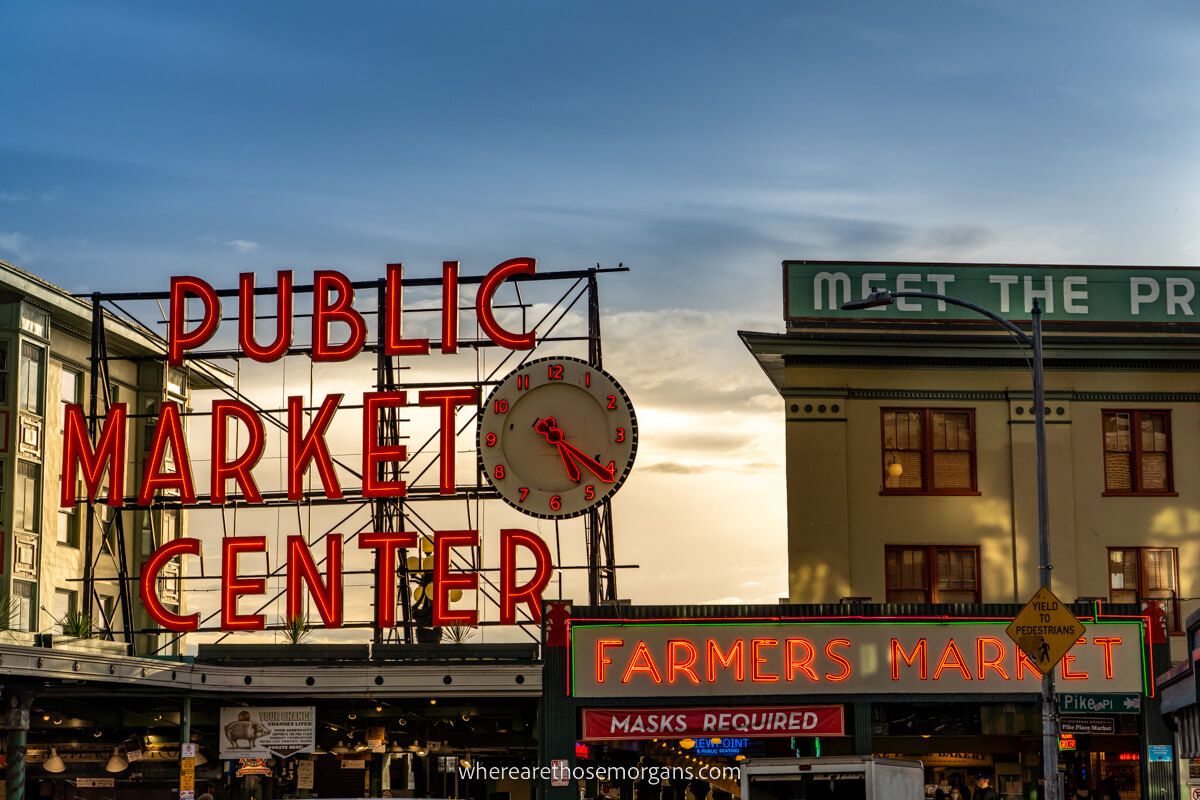 Public Market Center and the farmers market in Seattle at dusk