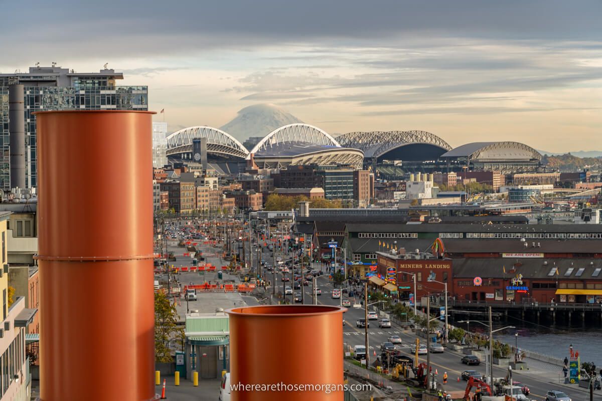 View of Seattle city center with Mt Rainier looming in the background