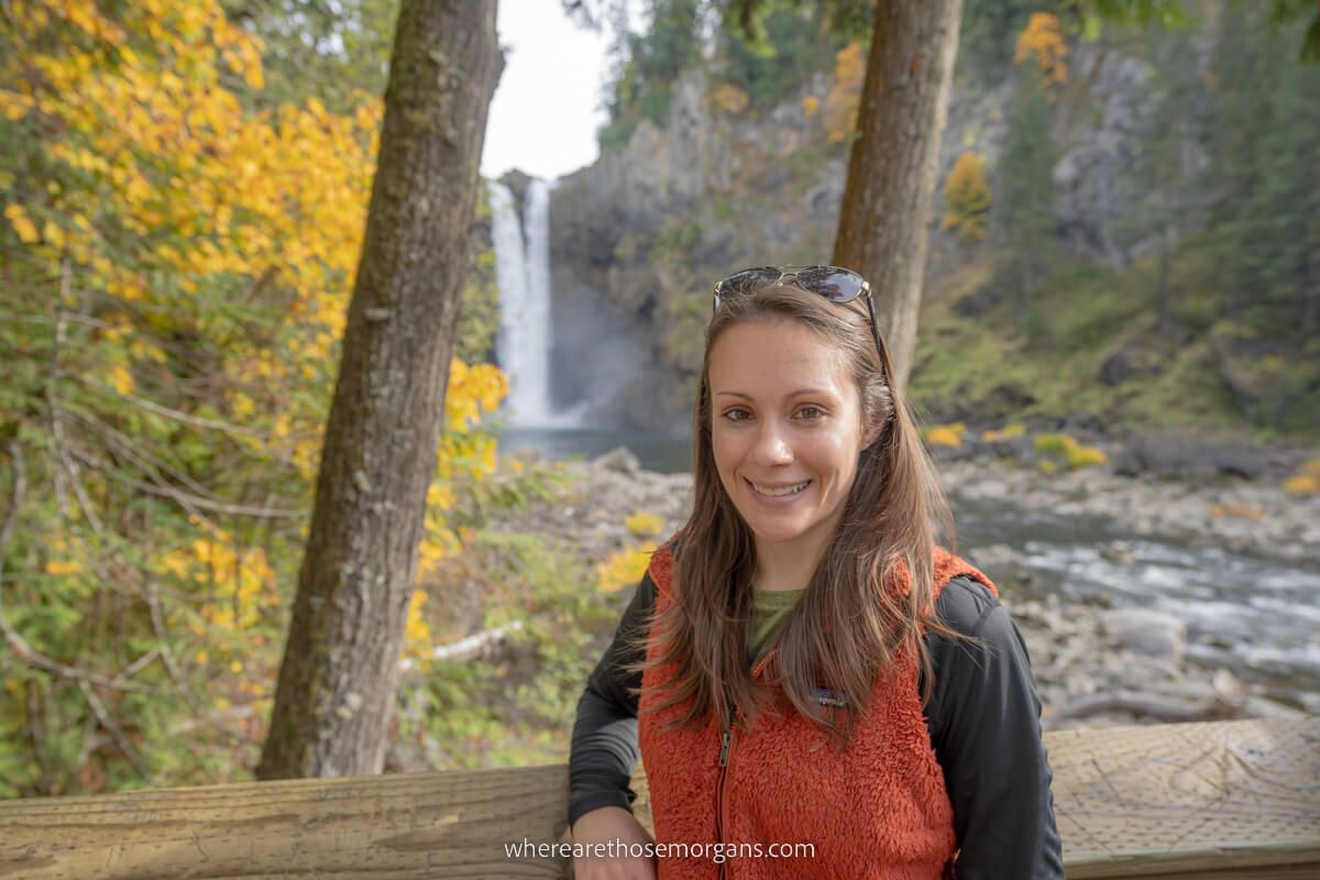 Person at the lower observation deck area of Snoqualmie Falls in Washington State in fall