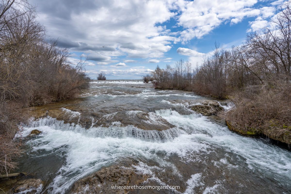 American rapids view with water flowing fast in upstate New York during early spring