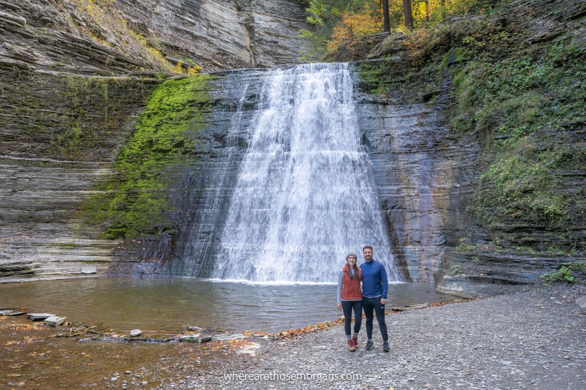 Two people posing for a photograph at Stony Brook State Park