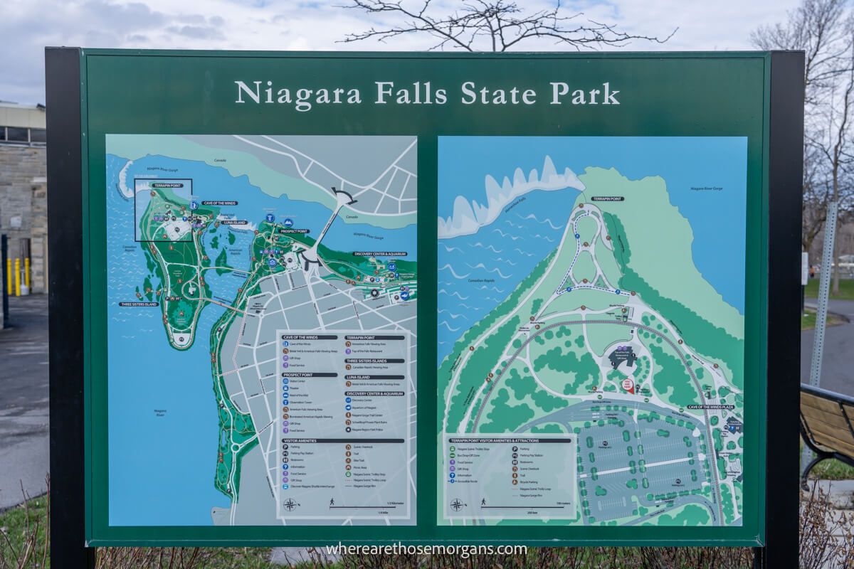 Information board and map showing various attractions and hiking trails