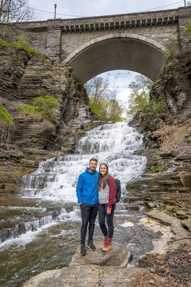 Two people hiking Cascadilla Gorge Trail on the Cornell Campus in Ithaca, New York