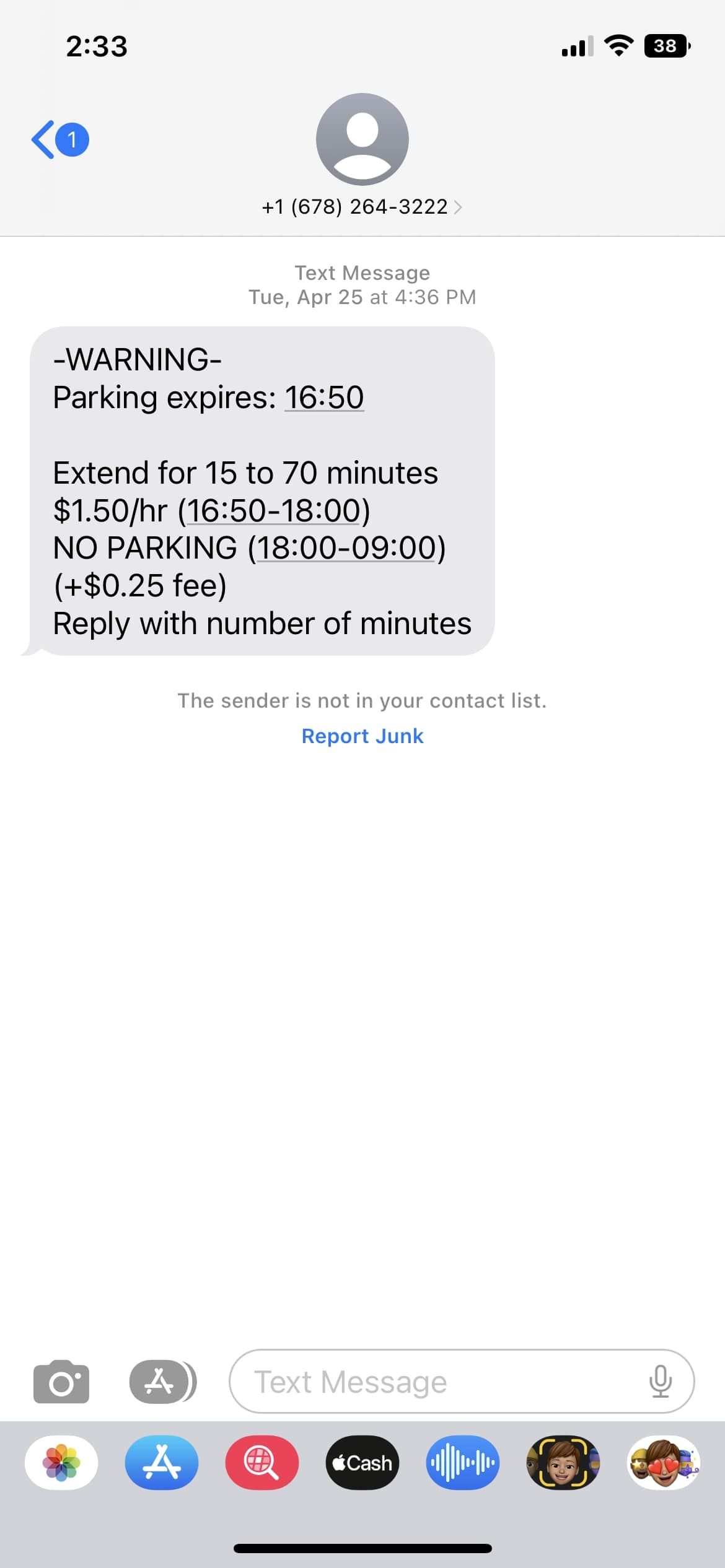 Example of Ithaca parking meter text message