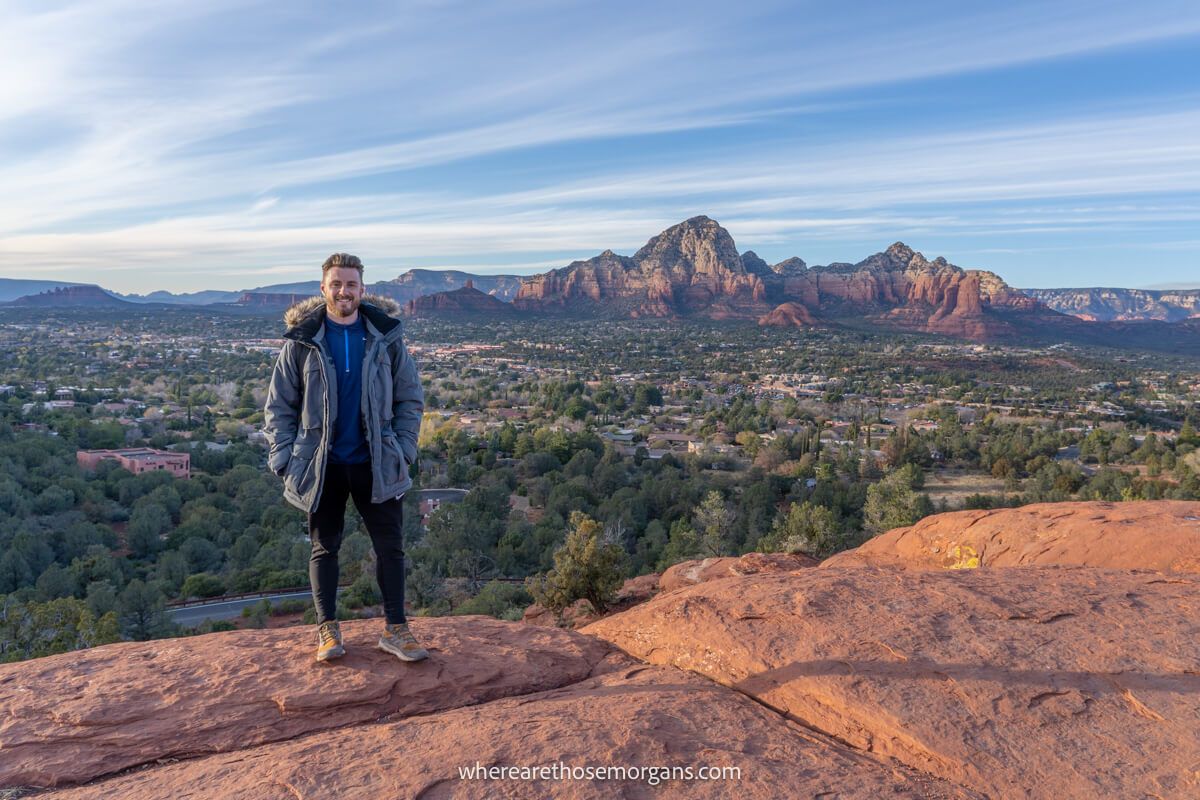 Man wearing a very large winter coat in Sedona Arizona