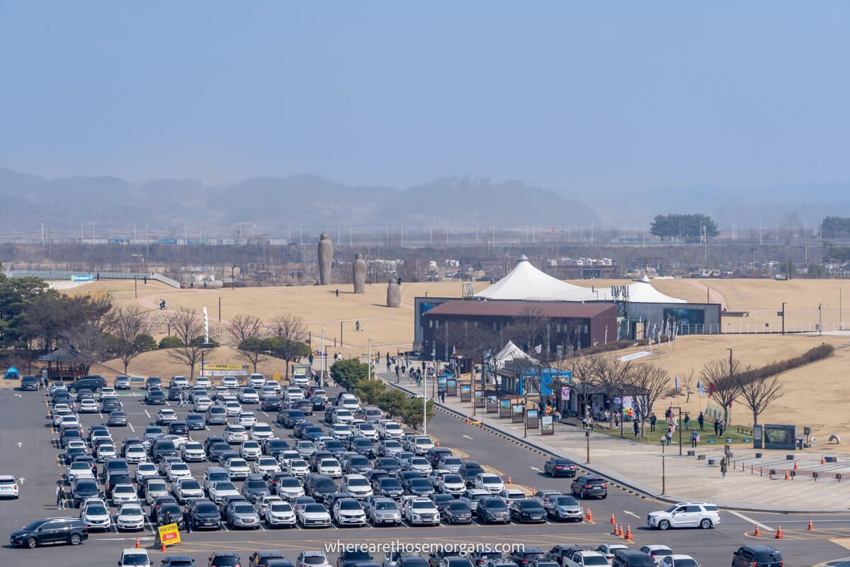 Parking lot with Monuments for Unification in the distance