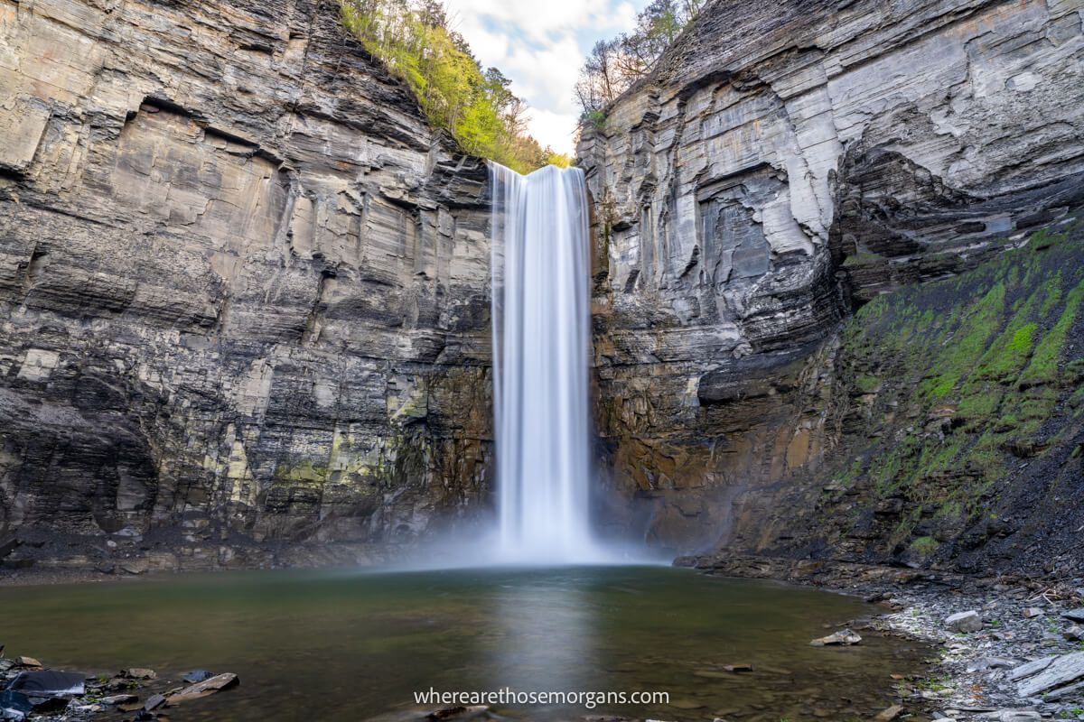 Heavy flowing Taughannock Falls during the spring season seen from the lower viewpoint