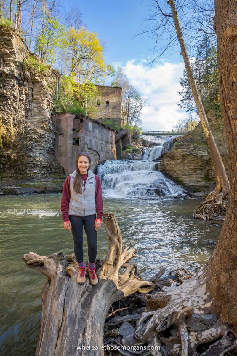 Hiker standing on a large log in front of Wells Falls