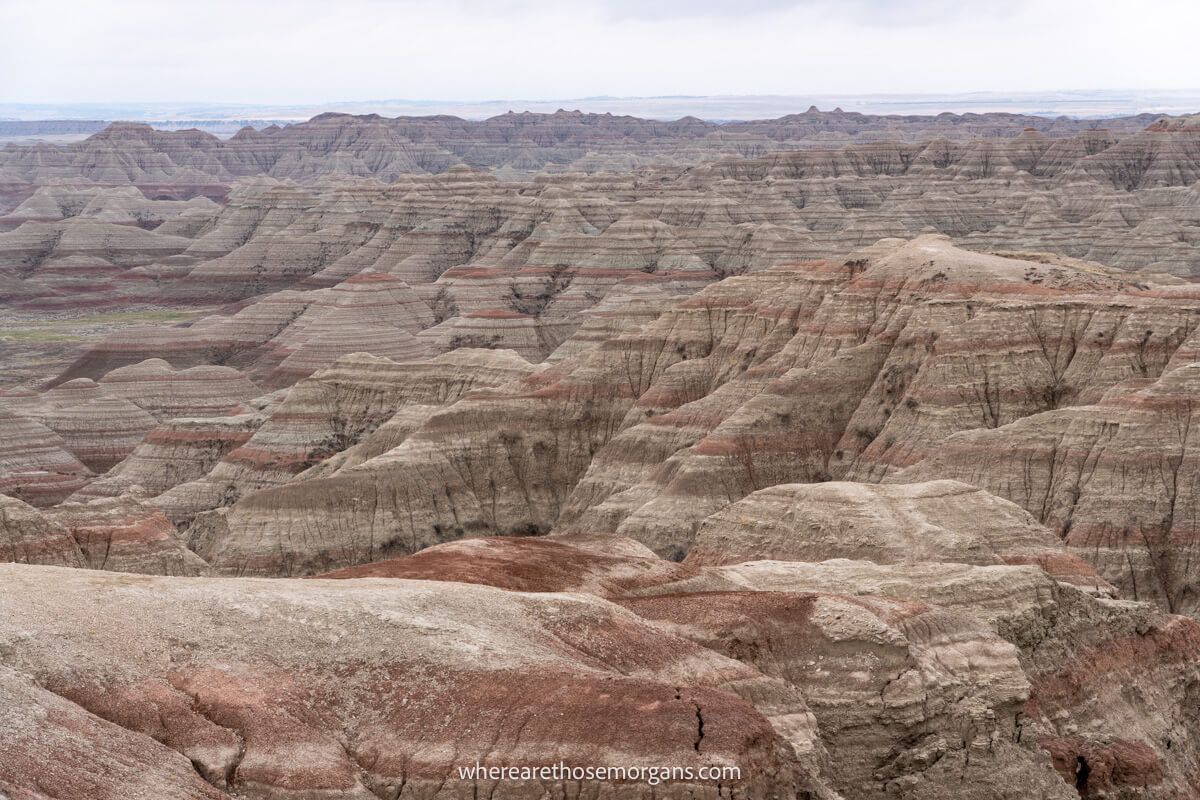 Stunning formations and a grey overcast sky at Badlands National Park