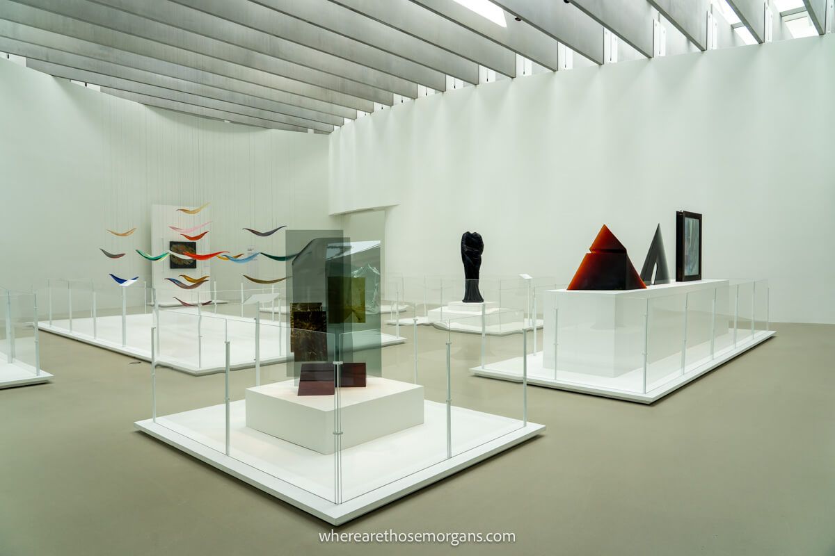 Numerous displays in the Contemporary Art and Design Gallery