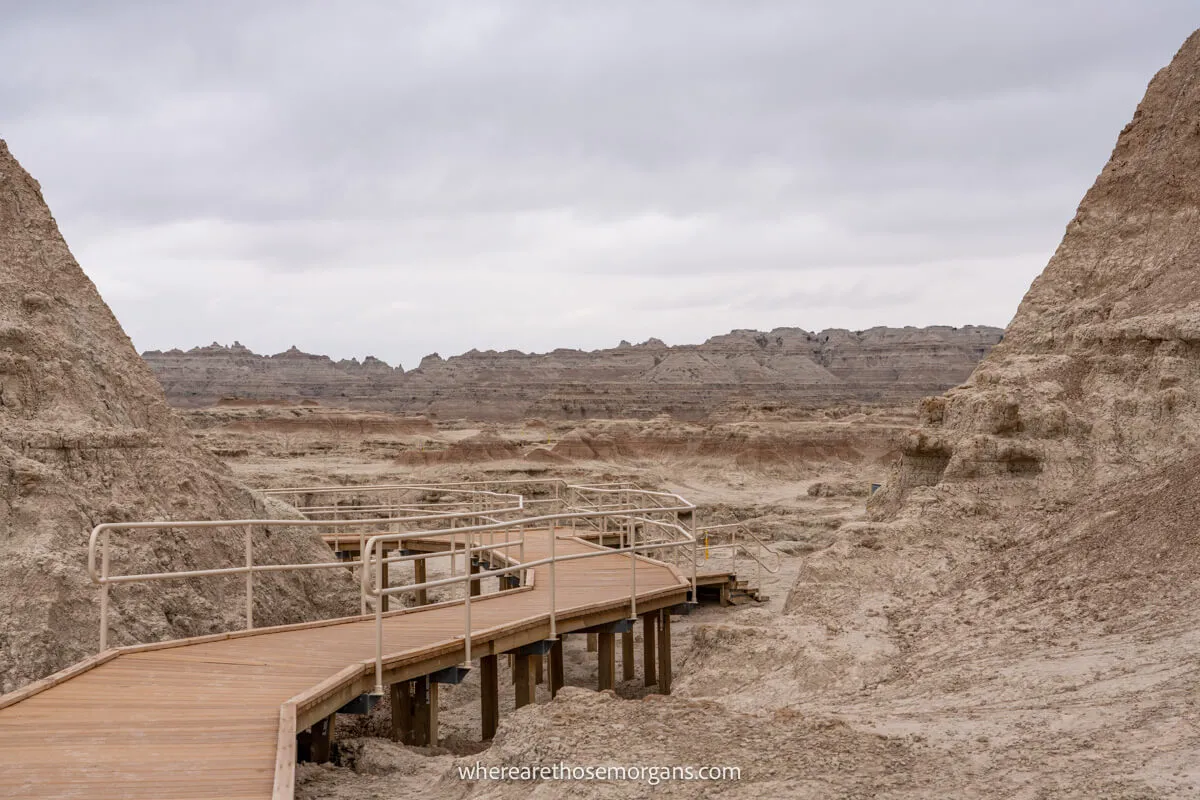 An elevated boardwalk leading to the popular door trail in Badlands