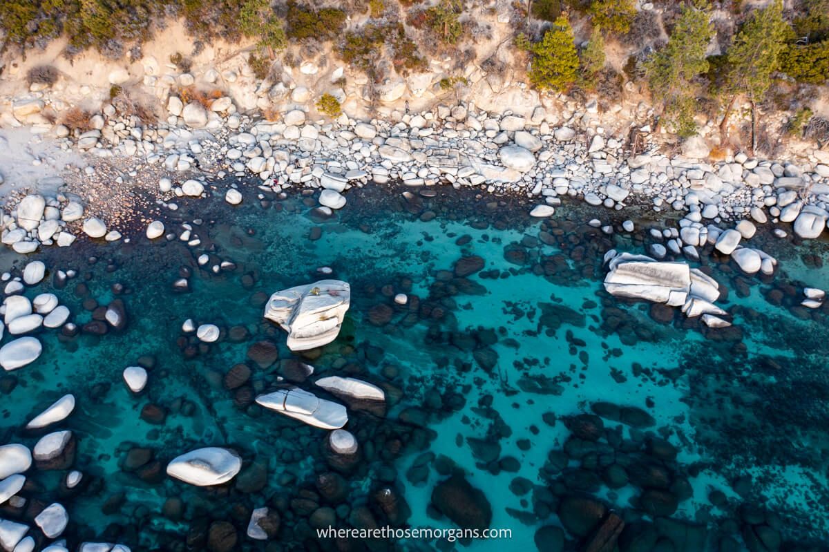 Drone photo of Bonsai Rock in Lake Tahoe showcasing turquoise colored waters