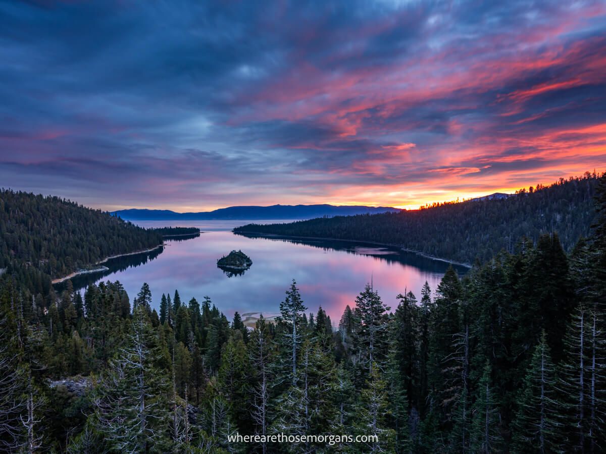Photo of Emerald Bay State Park in Lake Tahoe at sunrise with colorful clouds one of the best things to do in California