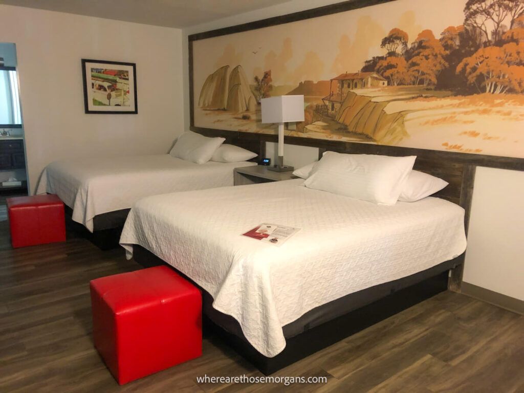 Hotel guest bedroom with two queen beds