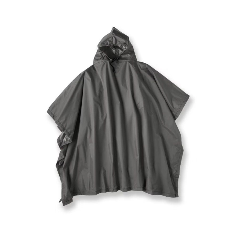 The front side of a black rain poncho