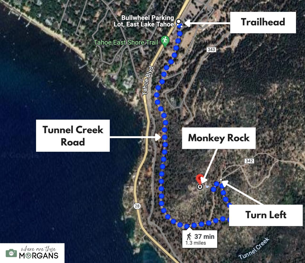 Route map for hiking Monkey Rock Trail in Lake Tahoe