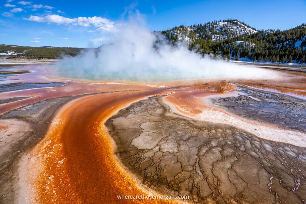 Front view of Grand Prismatic Spring in Yellowstone during the spring season